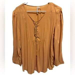 Grand & Greene Yellow Boho Women’s Top Blouse Boho Front Tie Sz L